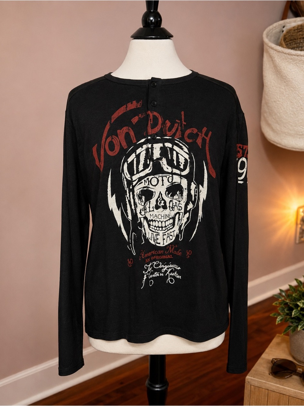 Von Dutch Black Skull Graphic Long Sleeve Top Y2K Moto Biker Grunge